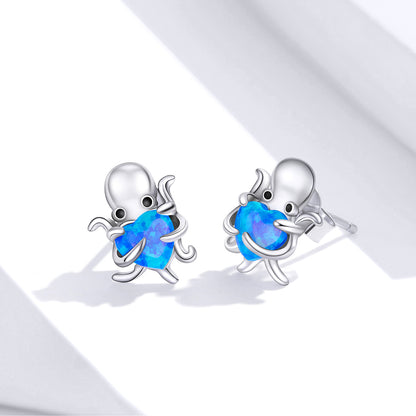 Octopus earrings,  92.5% Sterling Silver,  Opal ear stud