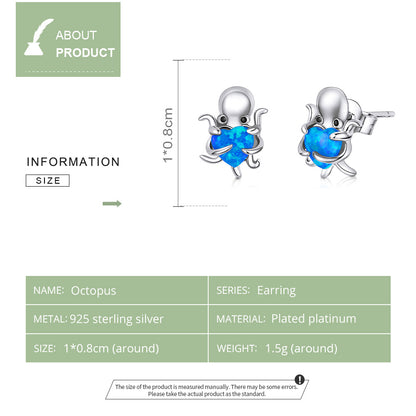 Octopus earrings,  92.5% Sterling Silver,  Opal ear stud