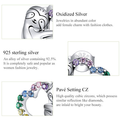 Tree sloths earrings, Zircon ear stud, 92.5% Sterling Silver,  Heart-shaped earrings