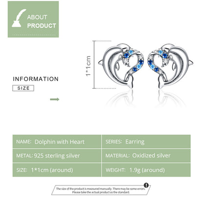 Dolphin earrings, 92.5% Sterling Silver, Zircon ear stud