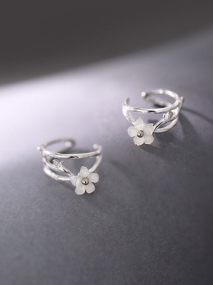 925 Sterling Silver earrings, Floral ear clip, Delicate ear cuff, Gifts for Her.