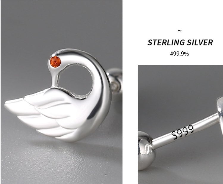 Boucles d’oreilles Silver Sterling 99,9%, boucles d’oreilles Swan, clous d’oreilles en argent, cadeaux pour elle.