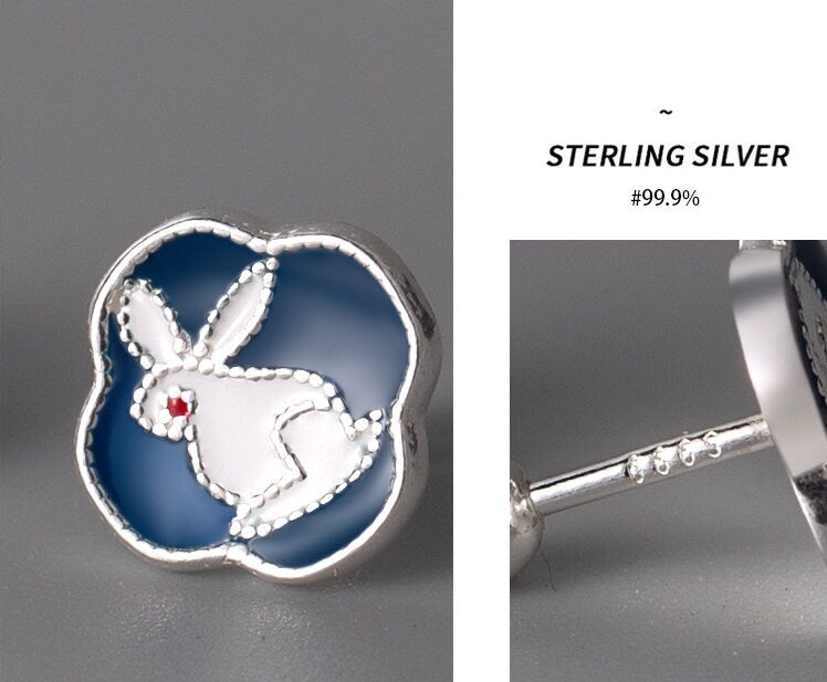 Silver Sterling 99.9% earrings, Rabbit ear stud, Niche design earrings, Gifts for Her.