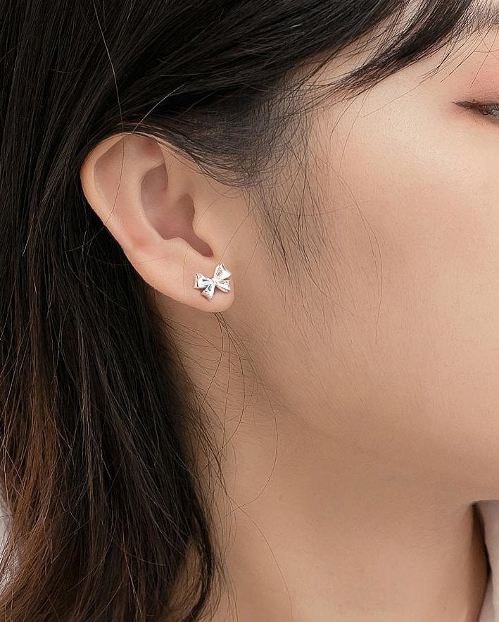 Silver Sterling 99.9% earrings, Bowknot earrings, Silver ear stud, Gifts for Her.